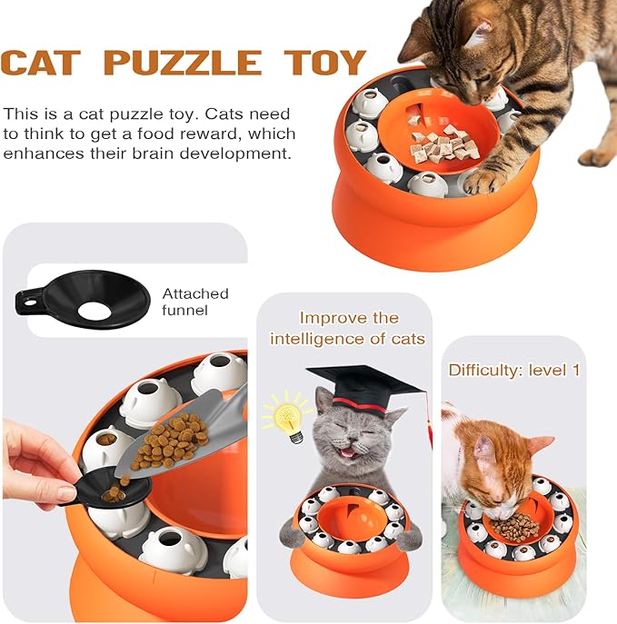 Interactive Cat Puzzle Feeder, Cat Puzzle Toy Treat Dispenser Kitten, Enrichment Toys for Indoor Cats, Slow Feeder Treat Puzzle Toys Cats Stimulation Toys(Orange)