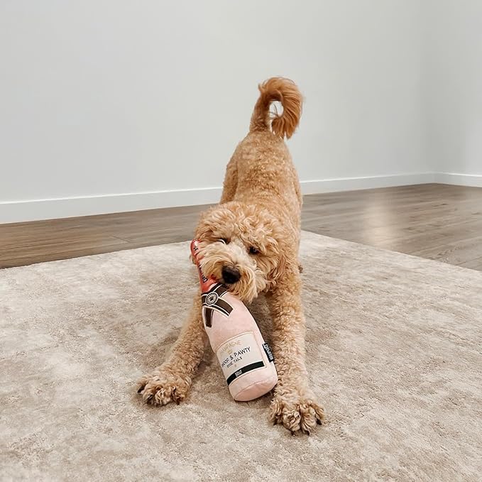 CHEWFFON Dog Toy, Squeaky Dog Toys for Boredom, Plush Pet Present Chew Toy for All Breeds Dogs, Pink Champagne Shape Interactive Puppy Toys for Birthday Stimulating Gifts
