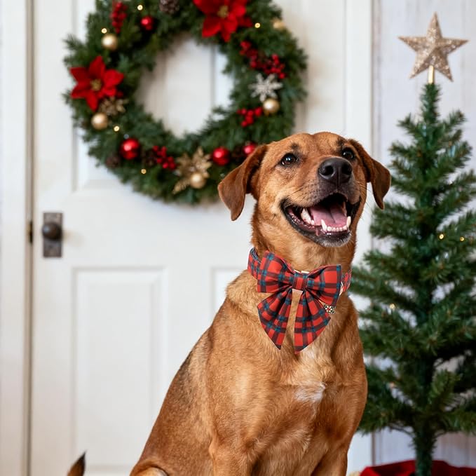 DOGWONG Christmas Dog Collar with Bow Tie, Red Green Plaid Dog Collar Durable Metal Buckle Adjustable Soft & Cute Red Checkered Dogs Collars for Small Medium Large Dogs, L