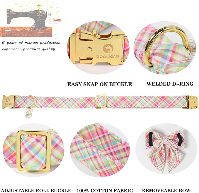 DOGWONG Easer Dog Collar with Sailor Bow,Colorful Plaid Dog Collar, Adjustable Durable Soft Easter Dog Collars for Male Female Dogs,S