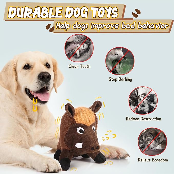 JKW Pet Toys, Stuffed Boar Dog Toys, Squeaky Plush Dog Toy - Durable Stuffed Chew Toy for Small, Medium, Large Dogs and Puppies