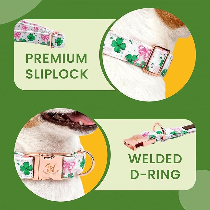 Elegant little tail St Patrick's Dog Collar - Green Lucky Clover Cotton Shamrock Pet Collar Flower Cute Pink Collars with Flower Adjustable Pet Collars for Small Dogs