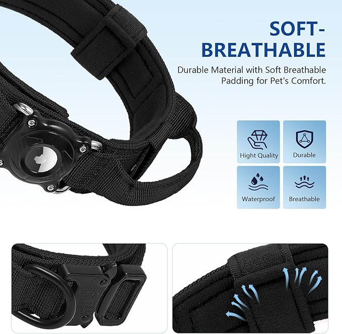 Tactical AirTag Dog Collar - Heavy Duty, Adjustable GPS Collar Compatible with Integrated 100% Waterproof Apple AirTag Holder & Control Handle for Medium/Large Dogs (Black,XL)