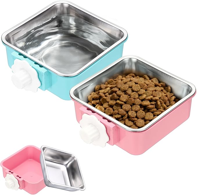 Crate Dog Bowl, Removable Stainless Steel Pet Cage Hanging Anti-Overturn Food Water Feeder Cage Cup (2Pcs, Square, Pink/Light Blue, 17.7oz), Intended for Puppies/Cat/Rabbit/Bird