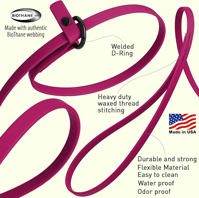 Dogline Biothane Slip Dog Leash - for Small, Medium and Large Dogs - Odor Free Slip Lead, Heavy Duty and Durable Material Kennel Lead - Magenta Pink - 7ft L x 1/2in W