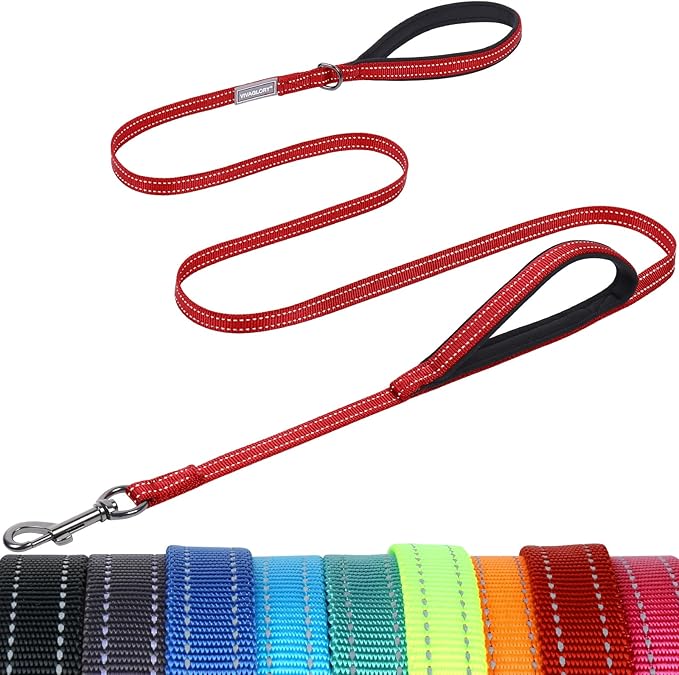 VIVAGLORY Twingrip Dog Leash, Double Handle Dog Leash for Training & Walking with Traffic Handle & 2 Loop, Traffic Control Reflective Heavy Duty for Puppy Pet, 4ft x 1/2in, Red