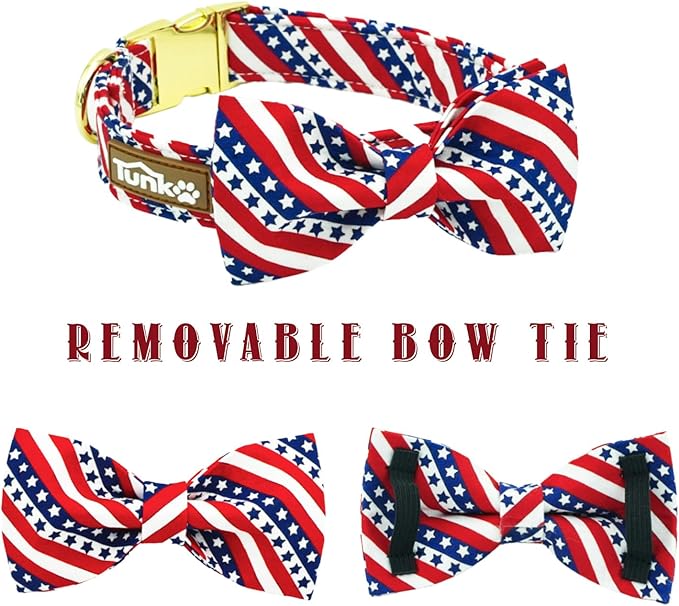 Tunkoo American Flag Dog Collar with Cute Bow Tie 4th of July Cotton Collar Adjustable Durable for Outside Small Medium Large Boys Girls Dogs, L