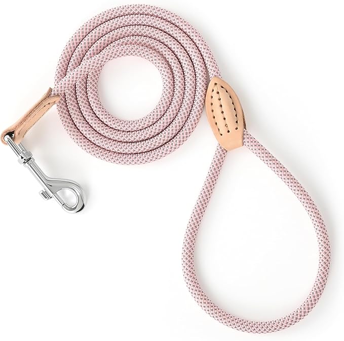 Mile High Life Small Dog Leash, Thin Lightweight Reflective Rope Leash with Genuine Leather Connection, Great for Small Medium Dogs (Pink, 48 Inch-1/3)
