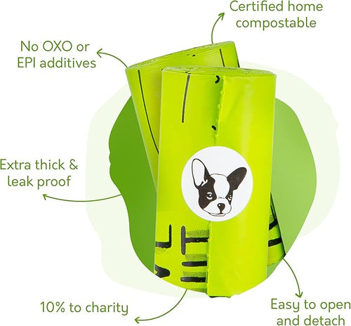 100% Certified Home Compostable Dog Poop Bags with Handles - 10% to Charity - ASTM D6400 & EN 13432 Compliant - 120 x Plant Based Compostable Poop Bags (10 Rolls)