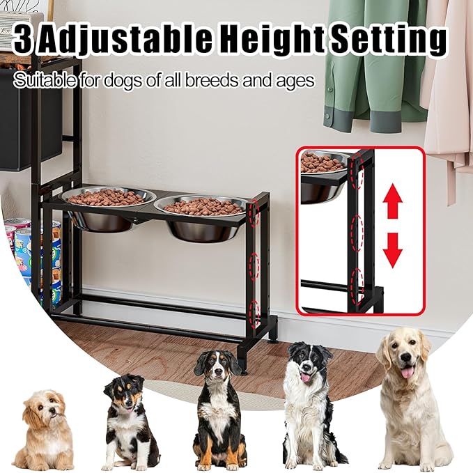 Elevated Dog Bowl with Toy Bin Basket Adjustable Raised Feeding Station Cabinet with 2 Stainless Steel Bowl Pet Storage Organizer for Small Medium Large Dogs and Cats with Non-Slip Mats