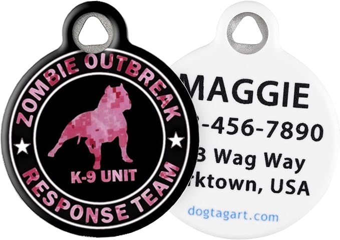 Dog Tag Art Halloween Zombie Custom Pet ID Tag for Dogs and Cats, Personalized Dog Tag with Customized Identification Information, Zombie Response K9 Camo Pink, Large (1.25" Diameter)