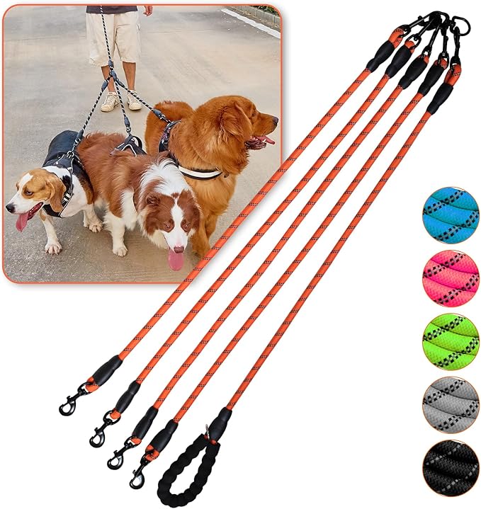 Four Dog Leash,4 Way Leash for Dogs,No Tangle Triple Leash for 4 Dogs,360 Swivel No Tangle Walking Leash for 4 Dogs,4 Dog Leash with Reflective for Large Medium Small Dogs