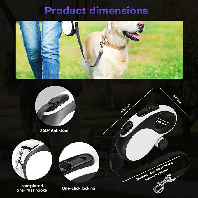 Retractable Dog Leash with Chew Proof Cable, 26ft Heavy Duty Dog Leash for Medium Large Dogs up to 110lbs, Strong Nylon Strap That Won't Tangle,360° No Tangle, one-Hand Brake.(White, 26Ft)