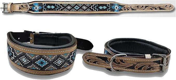 Majestic Ally Padded Leather Dog Collar, Multi-Color Beaded Diamond Design, Handcrafted (Medium, Diamond Beadwork)