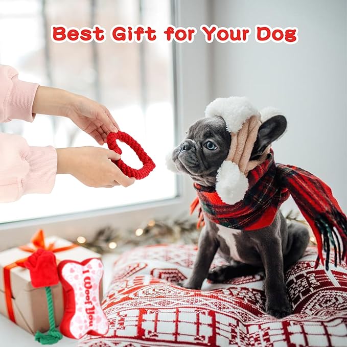 YUEPET Squeaky Valentine's Day Pet Toys 3 Piece Set,Interactive Rose Puzzle Toys, Soft Plush Heart-Shaped Rope Bone Dog Toy with Squeaker Crinkle Paper Puppy Chew Toys for Small Medium Dogs Teething