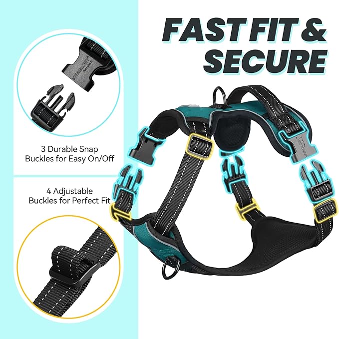 VIVAGLORY Dog Harness Easewalk No Pull Dog Harness with Handle Front Clip & Back Clip for Training Walking Lifting, No Pull Adjustable Easy On Padded Comfortable for Pet, L, Hunter Teal - Plain