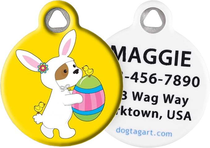 Dog Tag Art Easter Puppy with Egg Personalized Pet ID Tag for Dogs, Silent Polymer Coated Stainless Steel Nametag with Personalized Identification Information - Large 1.25" Diameter