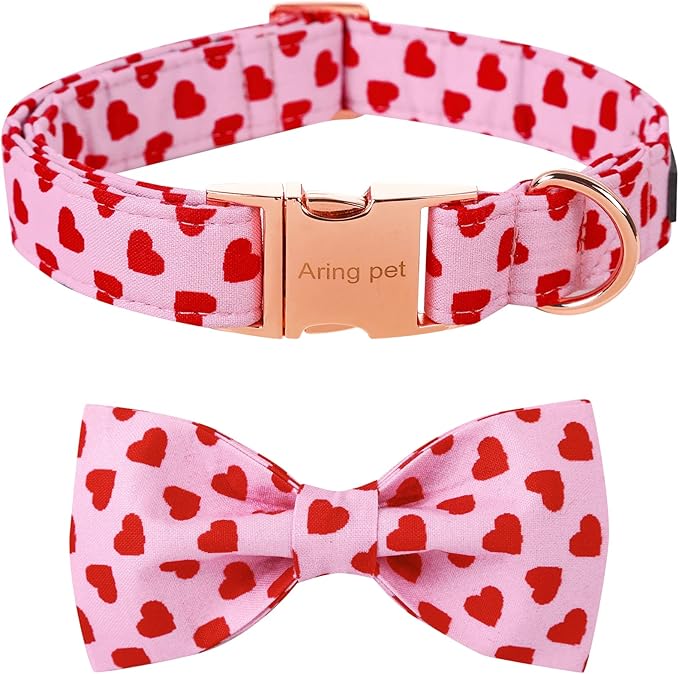 ARING PET Valentine's Day Dog Collar with Bow, Cute Adjustable Pink Heart Bowtie Pet Collars with Metal Buckle for Puppy Small Medium Large Boy Girl Dogs-XS
