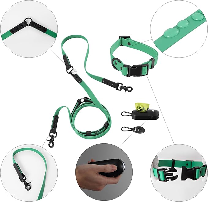 WLK1005K-5SET Luna Medium 8FT Adjustable 6-in-1 Waterproof Hands-Free Leash and Collar with LED Flashlight, Bag Dispenser, and Poop Bag Holder, Julep