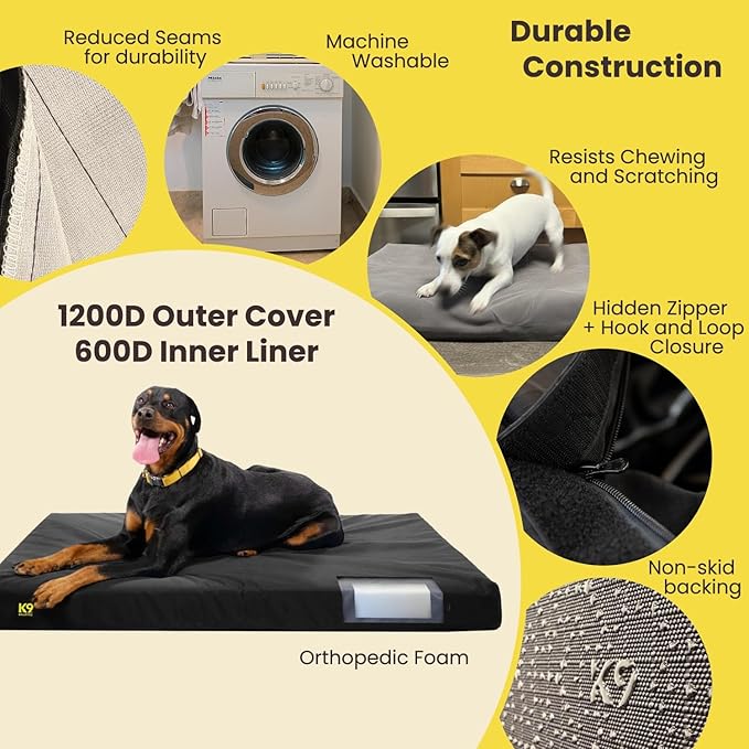 K9 Ballistics Tough Ripstop Orthopedic Rectangle Dog Bed Removable Washable Cover, Solid Orthopedic Foam for Size M Medium Dogs 33"x27", Blue Quartz