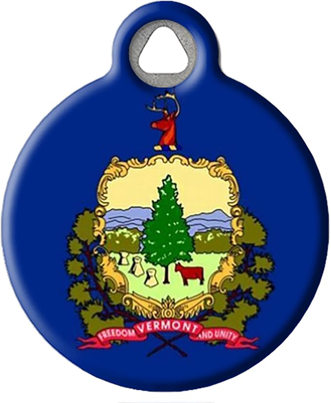 Dog Tag Art Vermont Flag Personalized Pet ID Tag for Dogs and Cats, Silent Polymer Coated Stainless Steel Vermonter Flag Nametag with Customized Identification Information - Large 1.25" Diameter