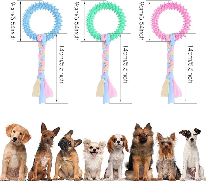TIESOME Puppy Teething Toys with Cotton Ropes, 3 Pcs Rubber Small Dog Chew Toy Rings Aggressive Chew Toys for Dogs Oral Teeth Soothe Itching Puppy Chew Toys Interactive Pet Toys for Small/Medium Dogs