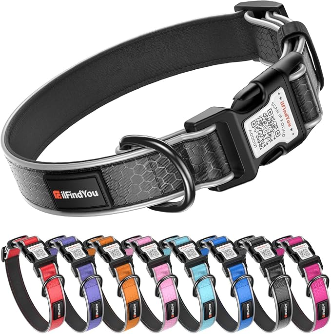 Reflective Dog Collar with QR Code Tag, Personalized Dog Collar, Safety Night Visibility, Anti-Loss Function (Black-02, Large)