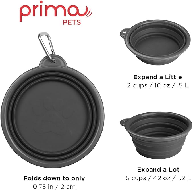 Sale: Prima Pet Collapsible Silicone Water Travel Bowl with Clip for Dog and Cat, Portable and Durable Pop-up Feeder for Convenient On-The-go Feeding Size: Large (5 Cups) Grey