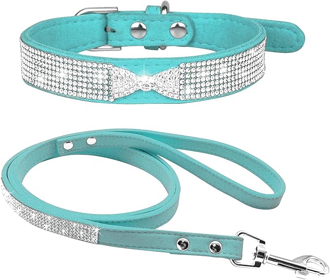 Cute Dazzling Sparkling Elegant Fancy Soft Suede Leather Bling Rhinestone Crystal Jeweled Pet Cat Dog Puppy Collar Dog Leash Combo Set (L(Neck 15-18"), Light Blue-3)