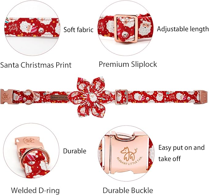 Elegant Little Tail Christmas Dog Collar with Santa Claus, Flowers for Medium Dogs
