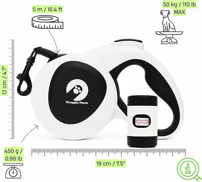Snuggle Paws All-in-One Retractable Dog Leash 16ft – LED Flashlight, Poop Bag Holder, Chew-Proof Cable, Reflective Tape, No-Tangle – Heavy Duty for Large Dogs up to 110 lbs