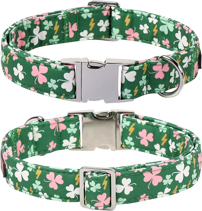 Lionet Paws St. Patrick Dog Collars with Bow tie,Cute Pink Clover Green Dog Collar Bow Tie for X-Large Dogs Female, Neck 16-26 inches