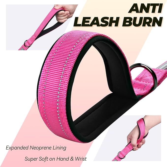 VIVAGLORY Dog Leash Lighthook Double Handle Dog Leash with Traffic Handle & Locking Carabiner for Walking & Training, Traffic Control Lightweight Carabiner for Puppy Pet, 4ft x 1in, Pink