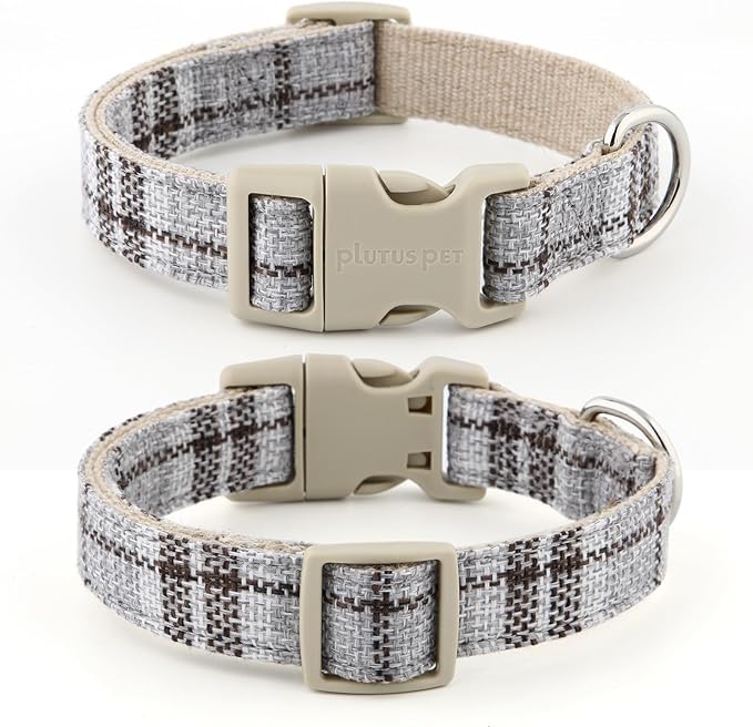 Plutus Pet Cotton Hemp Dog Collar and Leash Set, Adjustable Collar for Small, Medium, and Large Dogs, Heavy Duty and Soft on Skin, Gray Plaid, S