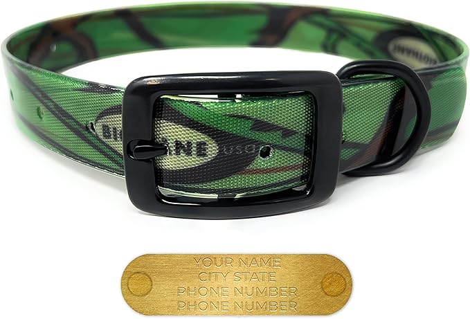 Regal Dog Products Medium Green Camo Hunting Dog Collar with Custom Engraved Name Plate and Heavy Duty Black Hardware | Waterproof Personalized Dog Collars | Other Sizes for Small, Medium & Large