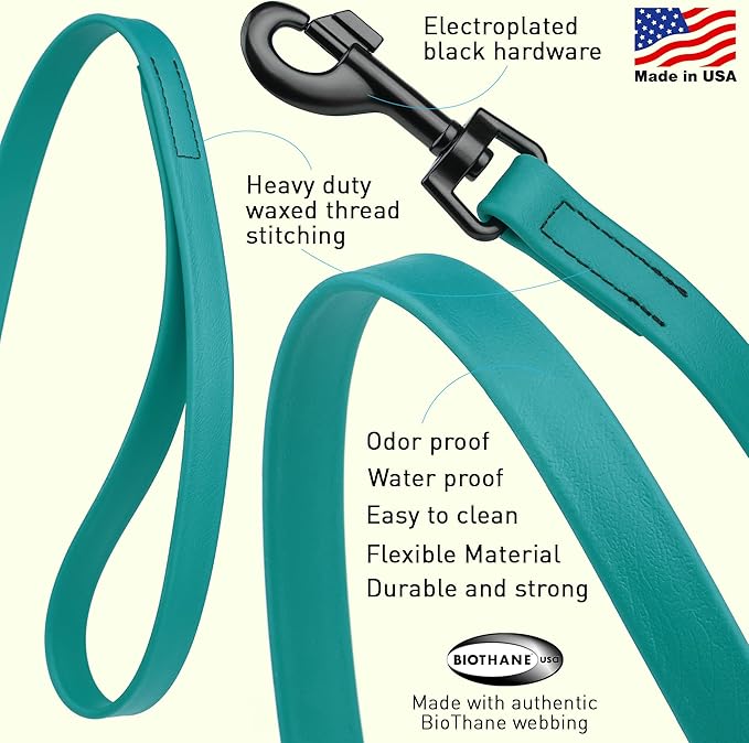 Dogline Biothane Waterproof Dog Leash Strong Coated Nylon Webbing with Black Hardware Odor-Proof Easy to Clean High Performance for Small or Large Dogs Made in USA 4 or 6 ft Lead, Blue Aqua