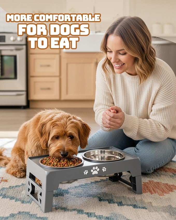 Elevated Dog Bowls, Dog Feeder with 2 Stainless Steel Dishes, 2 Heights Adjustable Raised Stand for Small Dogs, Food Dishes with Non-Slip Feet