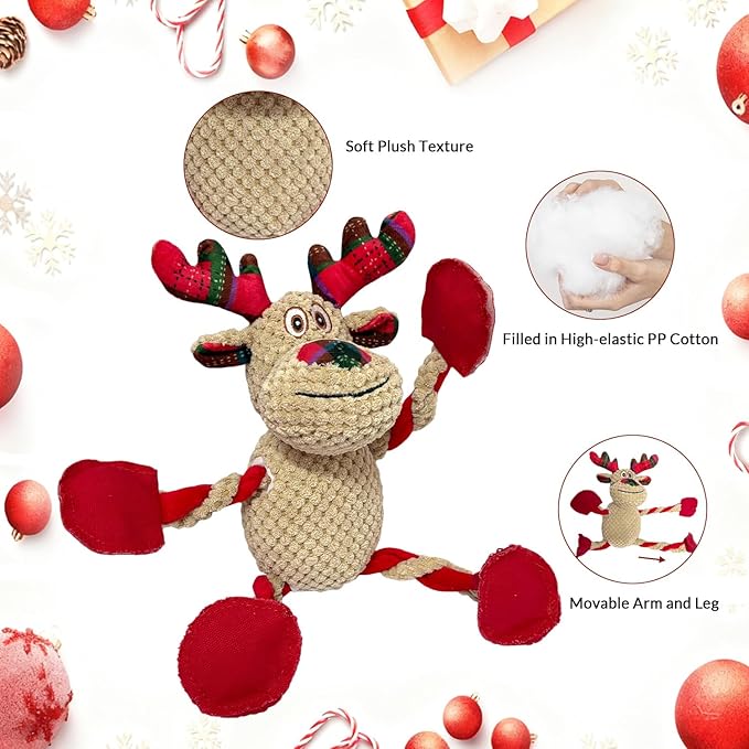 Squeaky Christmas Dog Toys Plush Dog Toy Tug of War Interactive Dog Toys for Aggressive Chewers Cute Stuffed Animal dog toy for Puppies Small Medium and Large Dogs