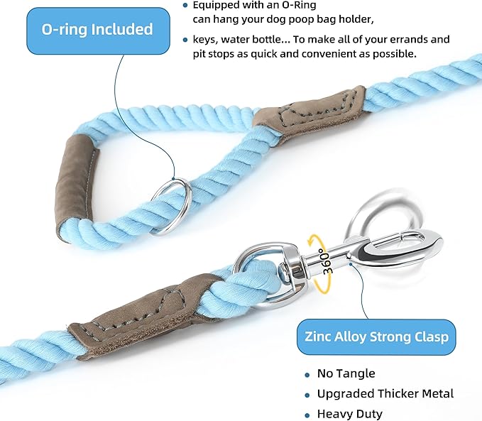 Mile High Life Dog Leash, Braided Cotton Rope Leashes with Leather Handle - Heavy Duty Metal Clasp, 4FT, 1/2" Thick - Wedding, Walking & Training Leash for Small Medium Large Dogs (Sky Blue)