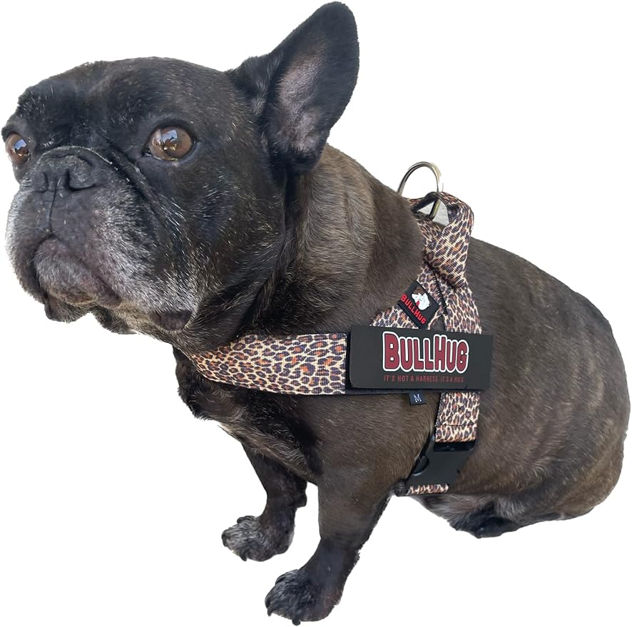 BULLHUG Adjustable Dog Harness– No Pull, No Choke – for English Bulldogs, French Bulldogs, Pugs & Broad-Chested Breeds – Easy, Safe Walks (Leopard, Medium)