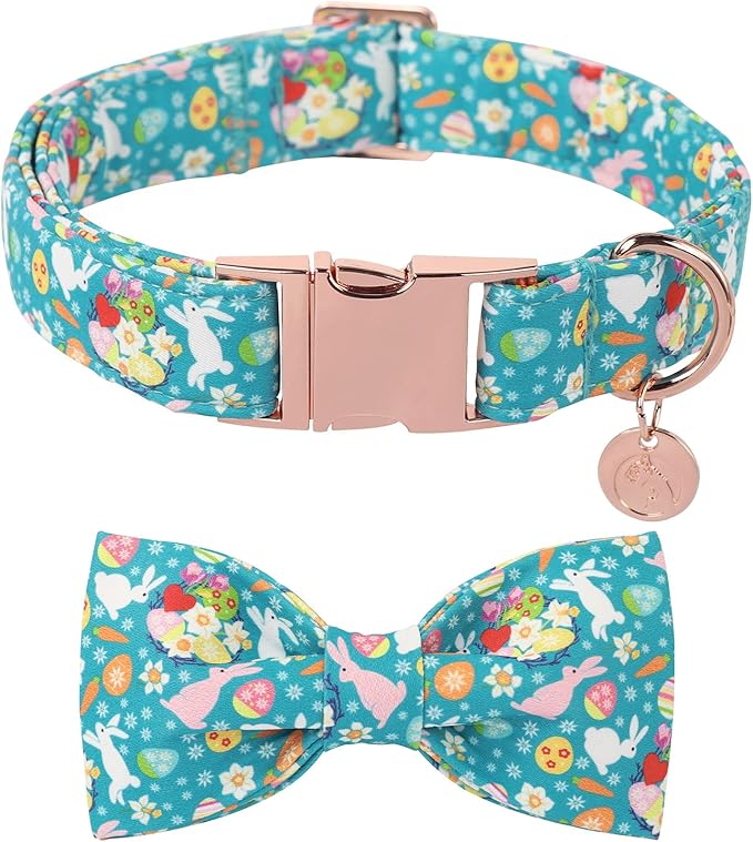DOGWONG Easter Dog Bow Tie with Collar, Spring Holiday Bunny Eggs Dog Collar for Boys and Girls Large Medium Pets Puppies