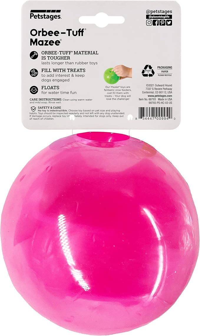Outward Hound Orbee-Tuff Mazee Interactive Dog Puzzle Toy, Treat Dispensing Slow Feeder Ball, Pink, 4.7-Inch