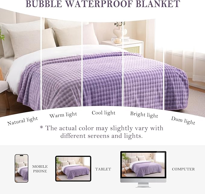Waterproof Blanket for Bed Couch Sofa Car, Soft Leakproof Dog Blanket with 3D Bubble Pattern, Reversible Water Proof Pet Blankets for Dogs Cats Puppies (50"x60", Dusty Purple)