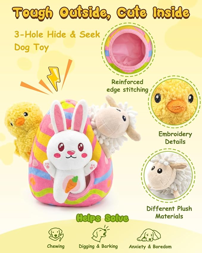Swooflia 4 Pack Easter Puzzle Dog Toys for Small Dogs - Enrichment Plush Squeaky Bunny Chick Lamb and Crinkle Easter Egg Interactive Puppy Toy for Hide and Seek (Not for Big & Aggressive Chewer)
