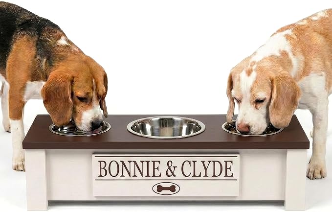 GTW Personalized Elevated Triple Dog Bowl Stand for Large, Medium, Small, X-Small Dogs - 3 Stainless Steel Food and Water Bowls - Raised Dog Dish with Internal Storage (Small, Brown)