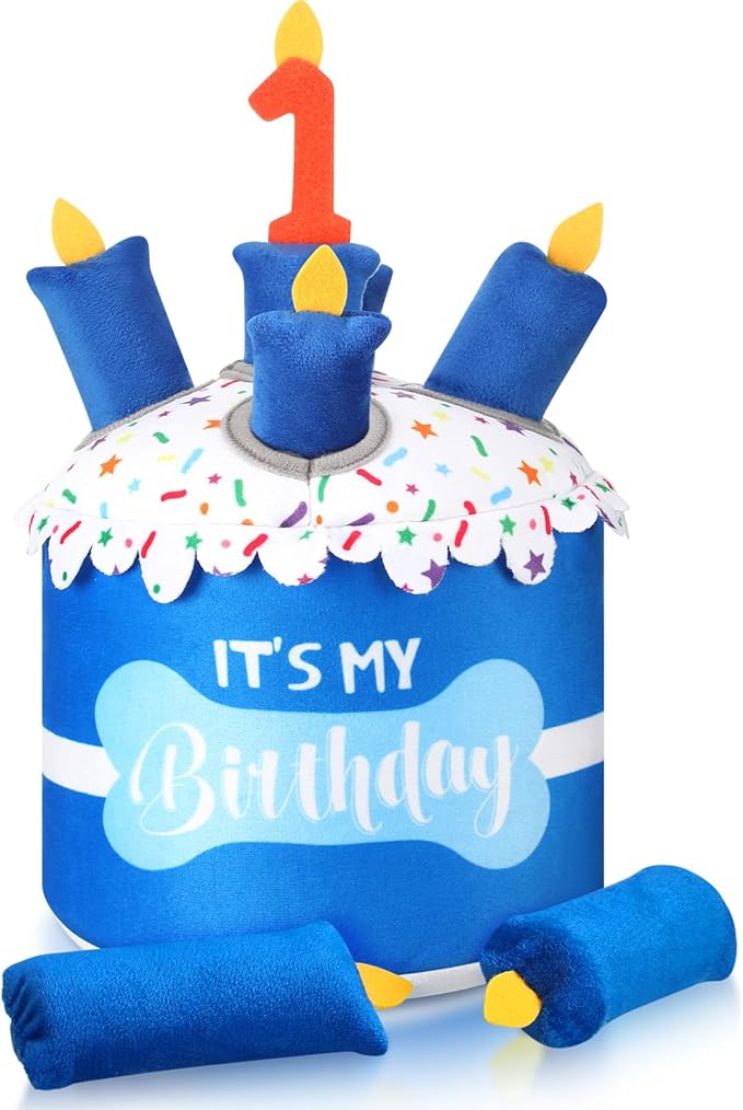 Dog 1st Birthday Cake Toy Squeaky Interactive Dog Toy Hide and Seek Plush Dogs Puzzle Puppy Toys for Boredom Keep Them Busy for Small Medium Dogs(Blue)