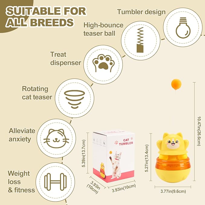 Interactive Cat Wobble Toy with Teaser Wand, Treat Dispensing Puzzle Feeder (No Treats Included), Enrichment Toy for Indoor Cats, Anxiety Relief & Solo Play