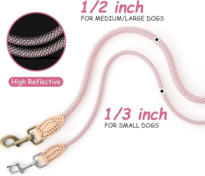 Mile High Life Small Dog Leash, Thin Lightweight Reflective Rope Leash with Genuine Leather Connection, Great for Small Medium Dogs (Pink, 48 Inch-1/3)