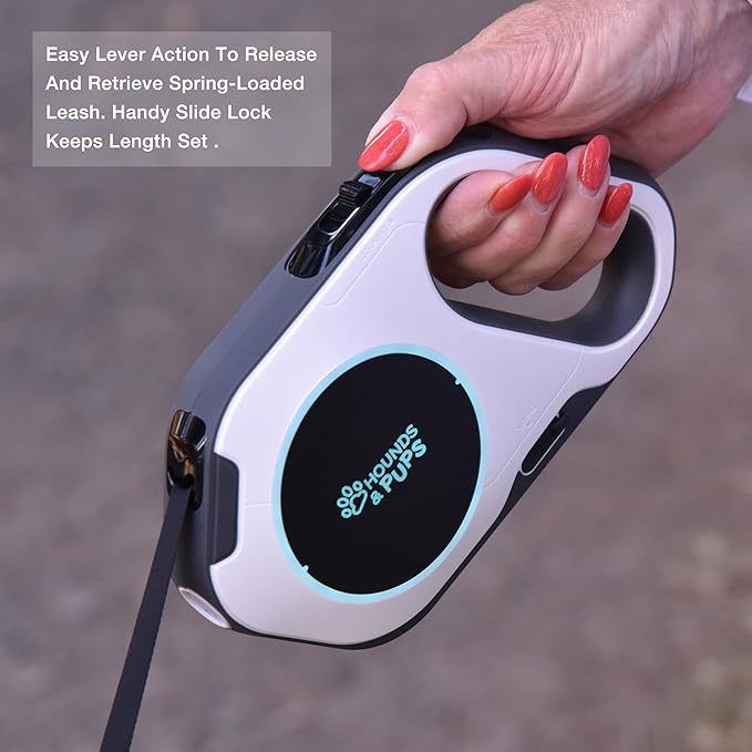 Hounds & Pups Retractable Dog Leash, 15 ft Length, LED Light for Night Walks (Pink)