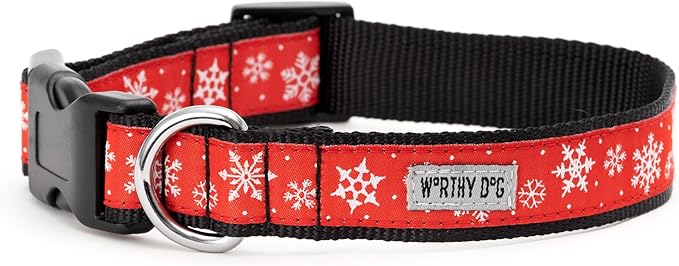THE WORTHY DOG Adjustable Holiday Dog Collar for Large Dogs, Durable Nylon Webbing, Quick Release Buckle, Let It Snow Christmas Pattern, Red, X-Large